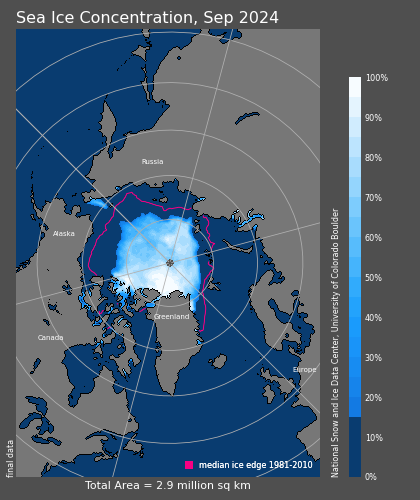 NSIDC Arctic sea-ice concentration map for September 2024, including the original concentration legend and pole-hole mask.