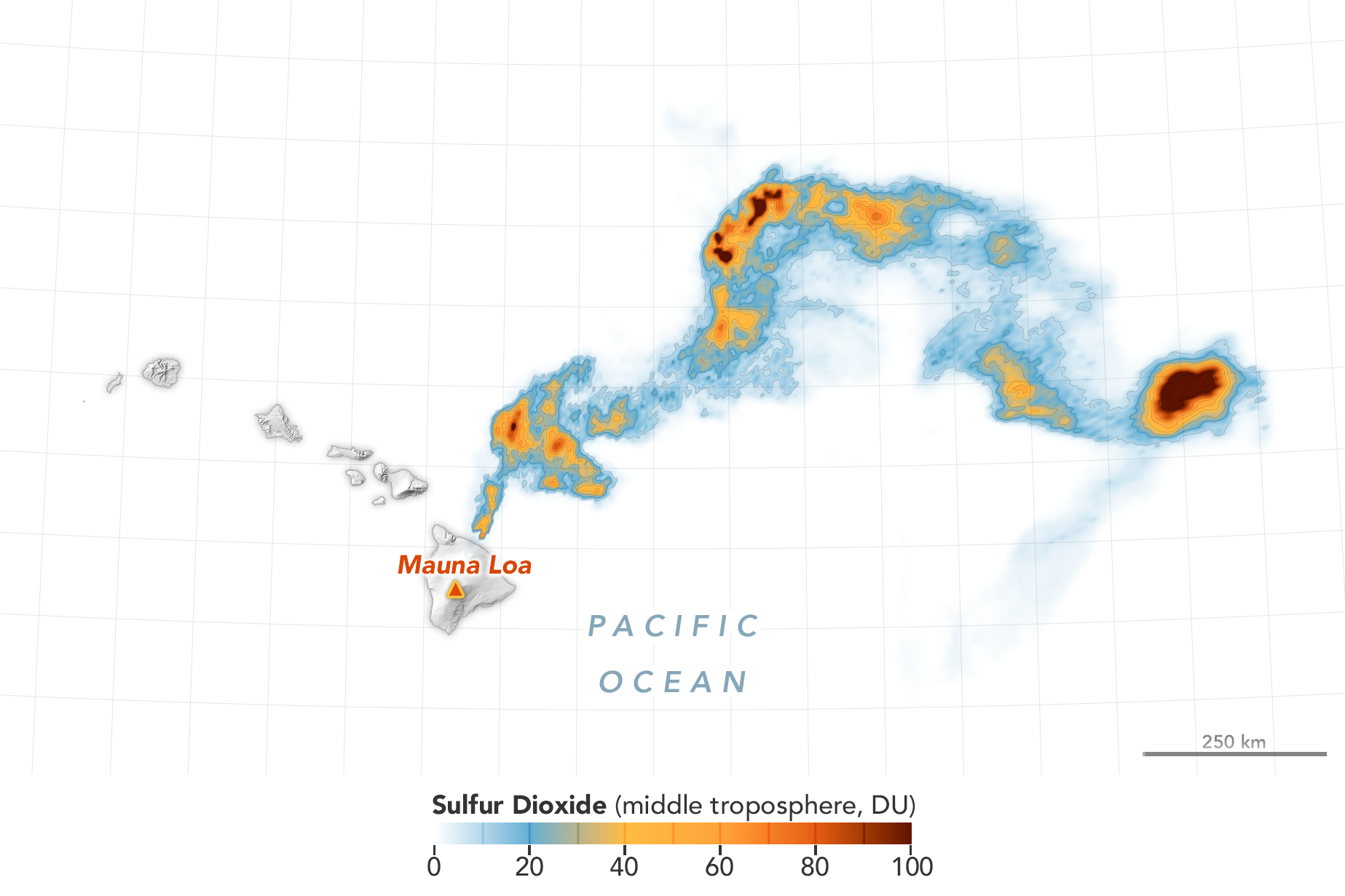 Sulfur-dioxide column map northeast of Mauna Loa with a middle-troposphere legend ranging from 0 to 100 Dobson Units.